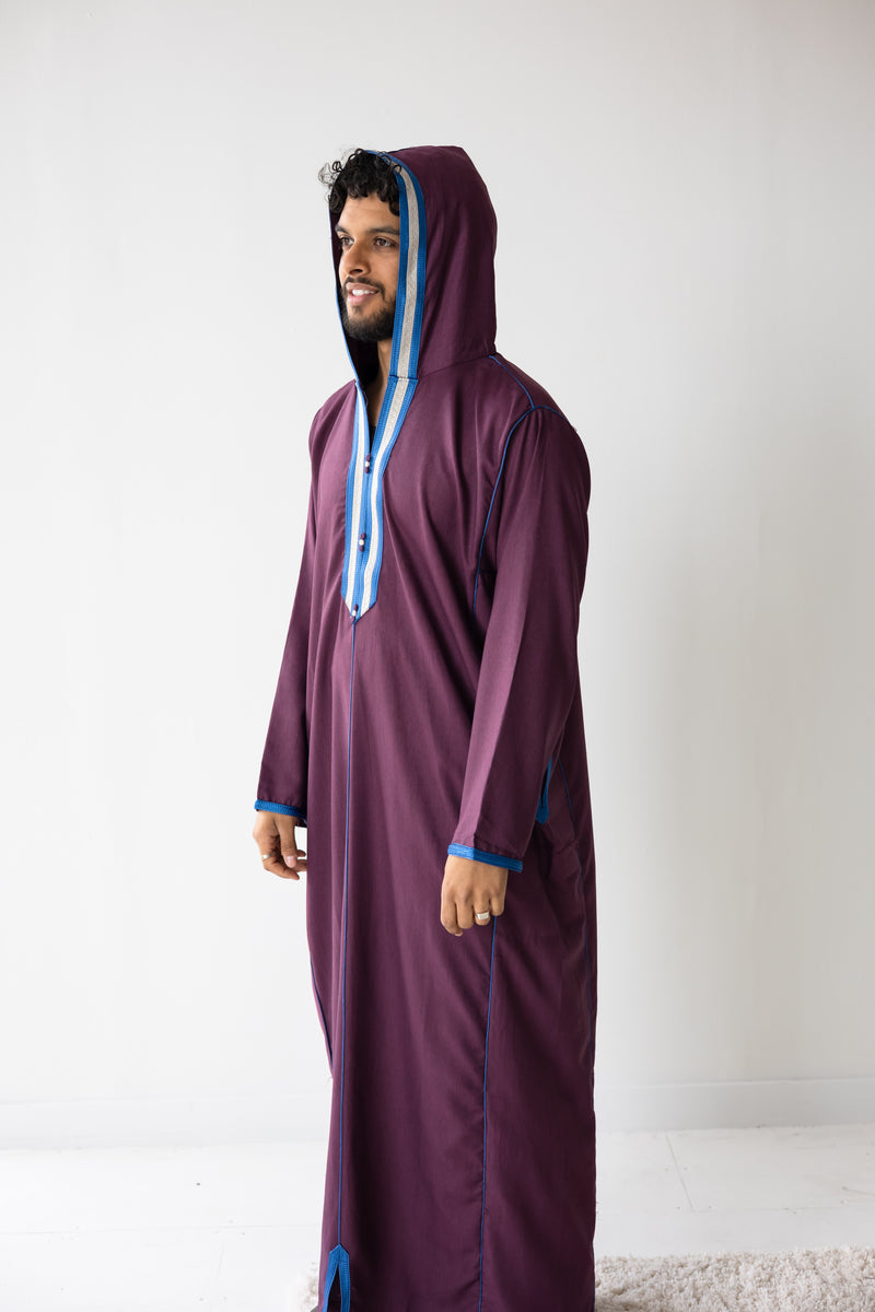 Moroccan Hoodie Thobe Maroon with Lined Sififa