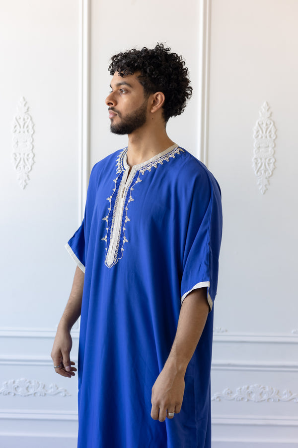 Traditional Moroccan Thobe Blue with Gold Embroidery 2023