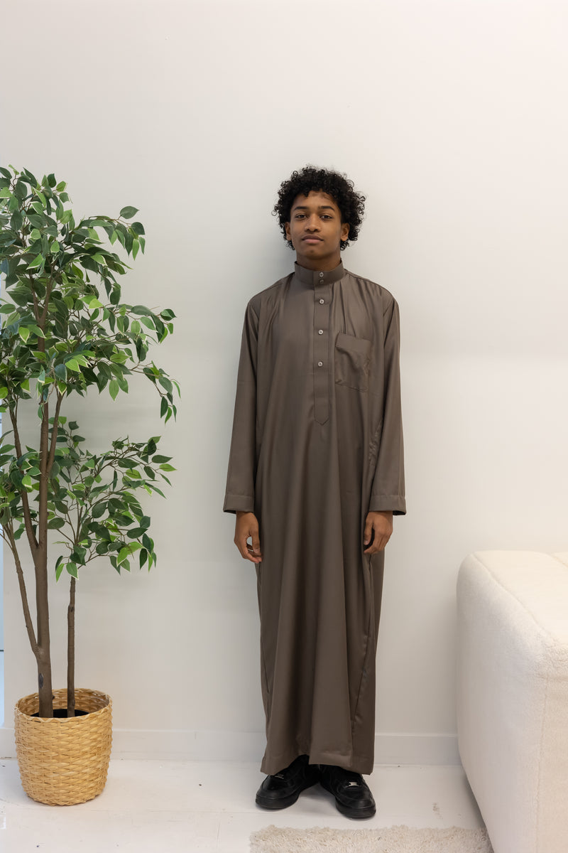 Coffee Brown Saudi Collar Thobe Jubbah - Wool/Cashmere Blend