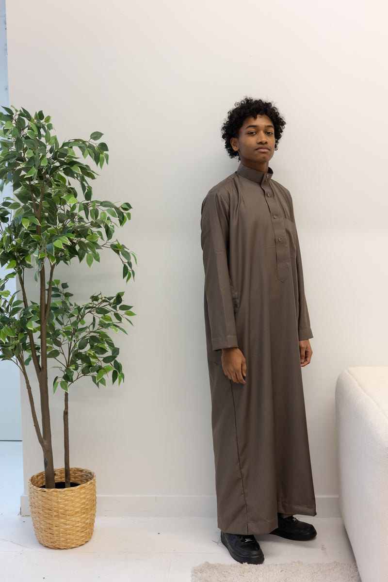 Coffee Brown Saudi Collar Thobe Jubbah - Wool/Cashmere Blend