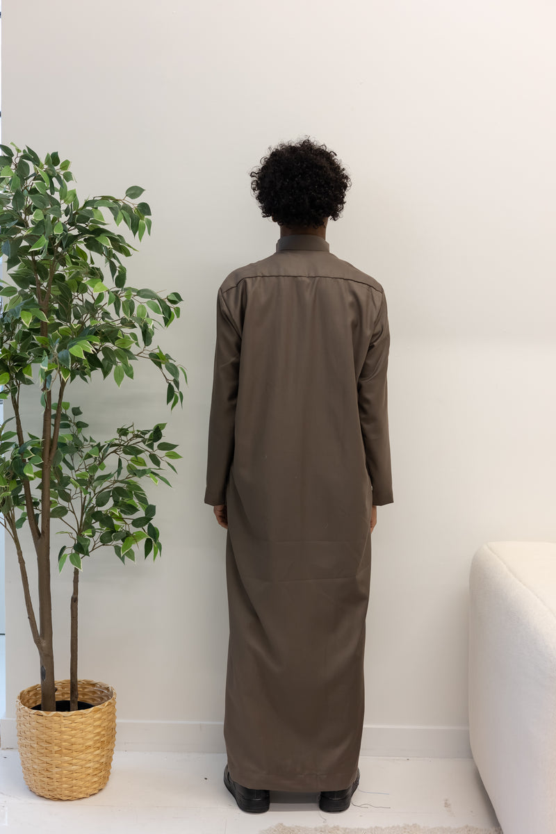 Coffee Brown Saudi Collar Thobe Jubbah - Wool/Cashmere Blend