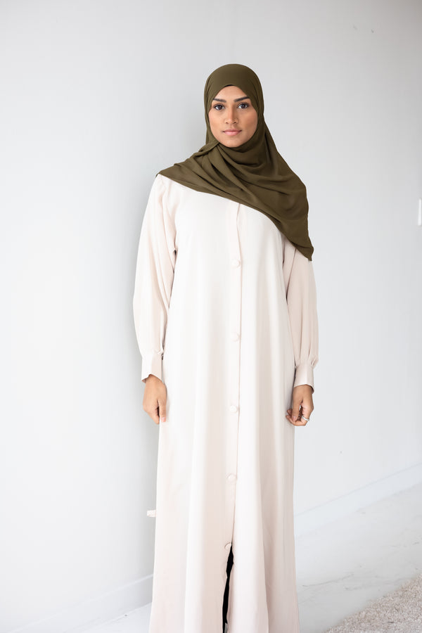 Button Front Abaya with Pleated Bishop Sleeves  - Very Vanilla