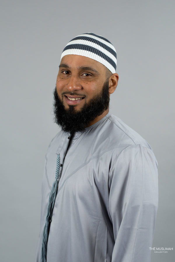 Grey and White Line Design Skull Cap Kufi