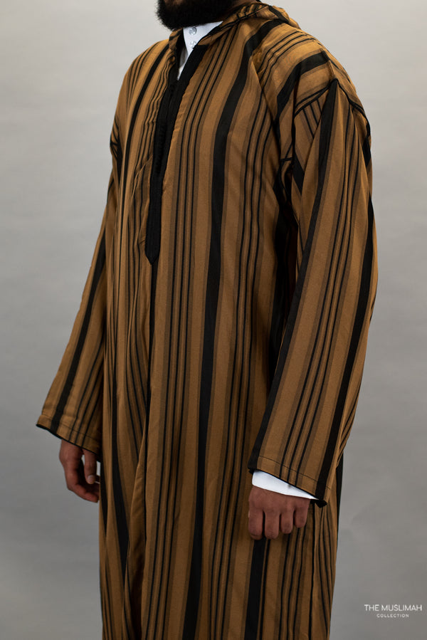 Moroccan Striped Style Hoodie Thobe Tumeric Yellow and Black