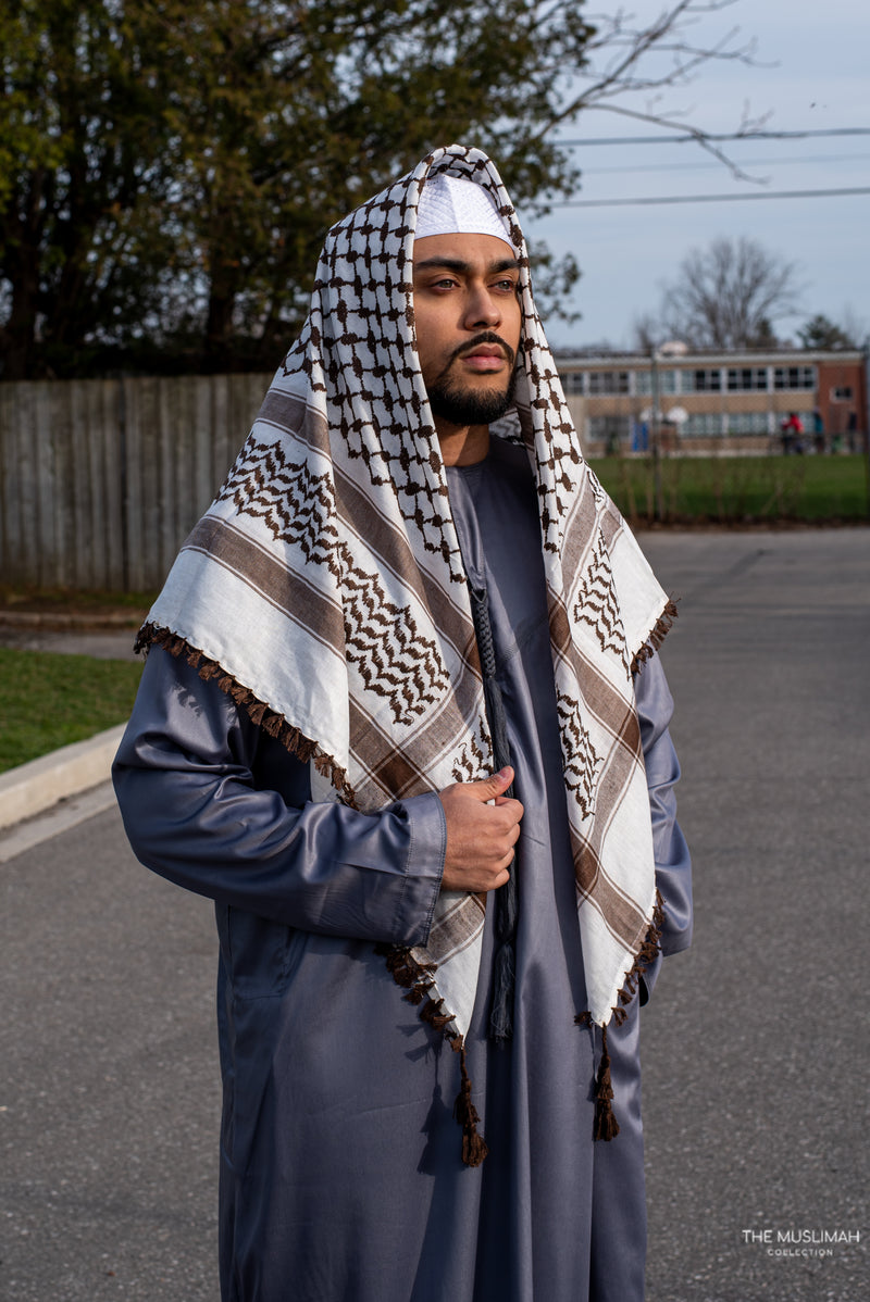 White and Brown Imamah/Shemagh/Keffiyyah Arab Men's Scarf