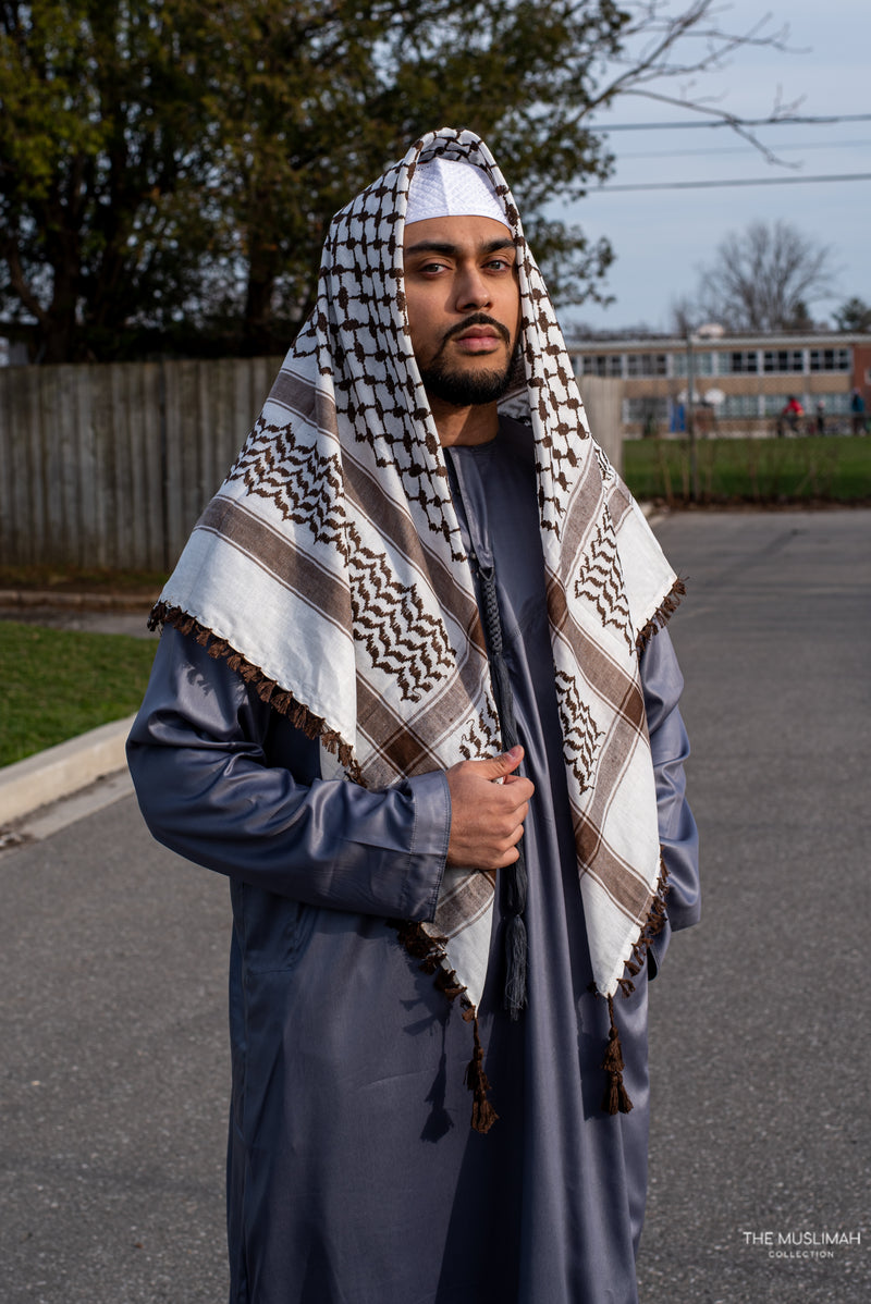 White and Brown Imamah/Shemagh/Keffiyyah Arab Men's Scarf