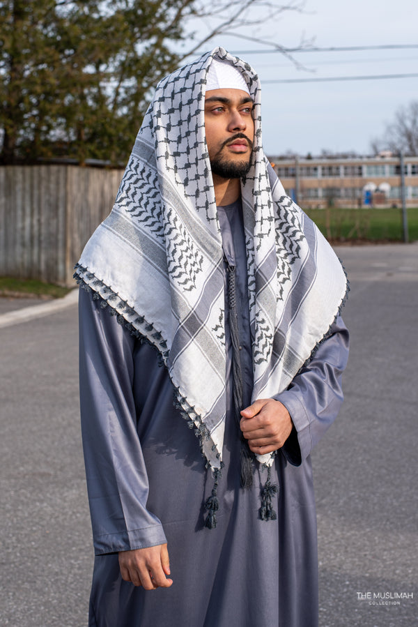 White and Grey Imamah/Shemagh/Keffiyyah Arab Men's Scarf