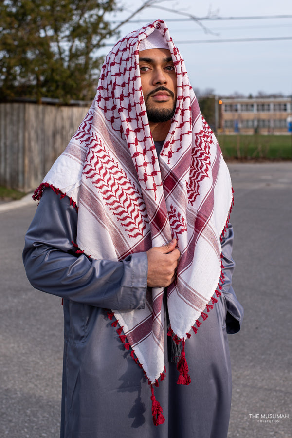 White and Maroon Imamah/Shemagh/Keffiyyah Arab Men's Scarf