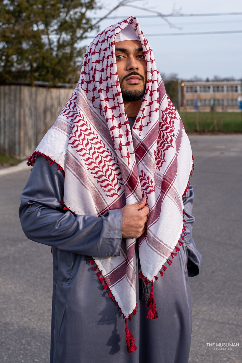 White and Maroon Imamah/Shemagh/Keffiyyah Arab Men's Scarf