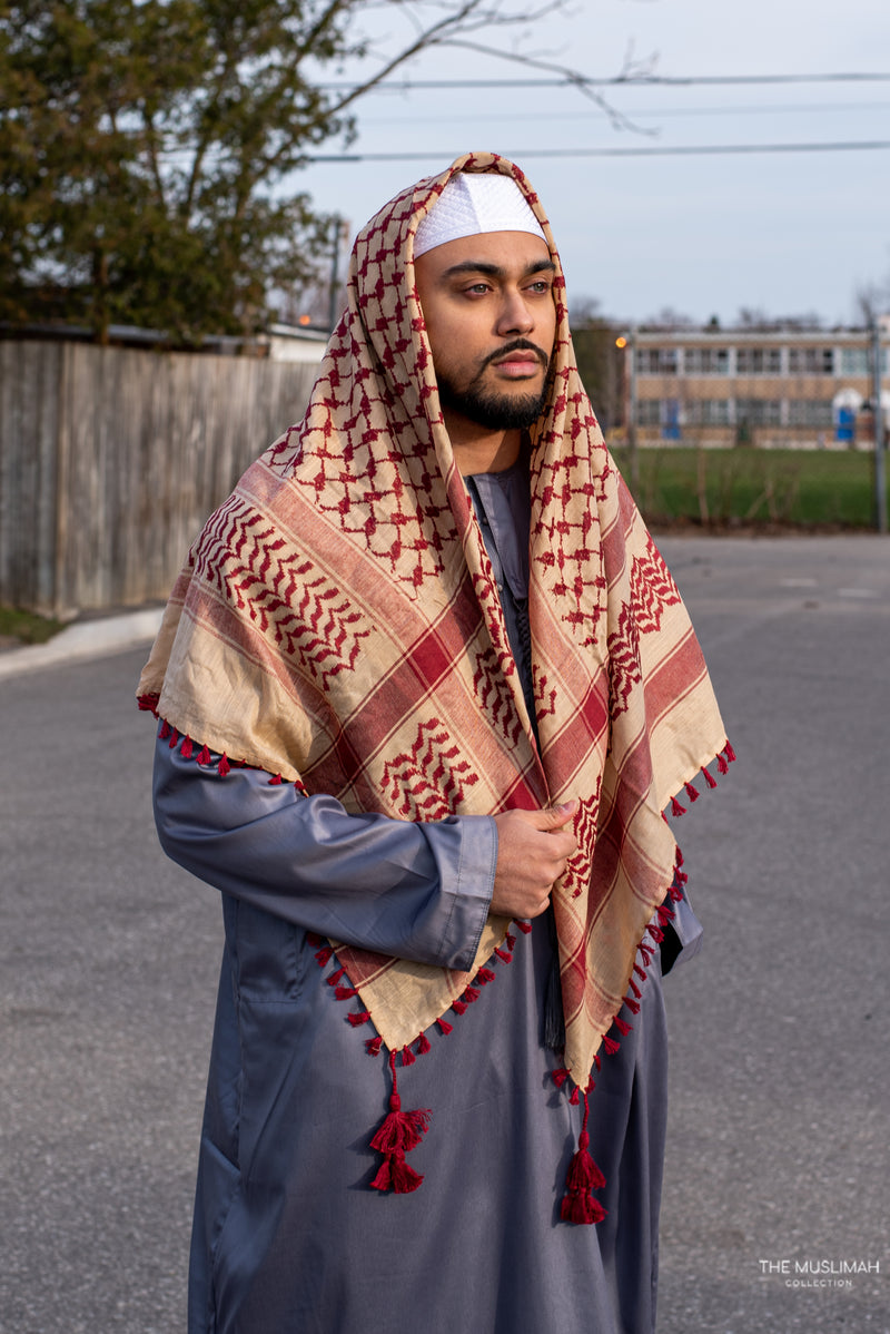 Cream and Maroon Imamah/Shemagh/Keffiyyah Arab Men's Scarf