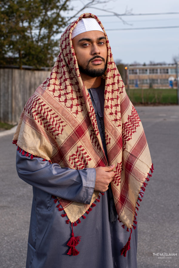 Cream and Maroon Imamah/Shemagh/Keffiyyah Arab Men's Scarf