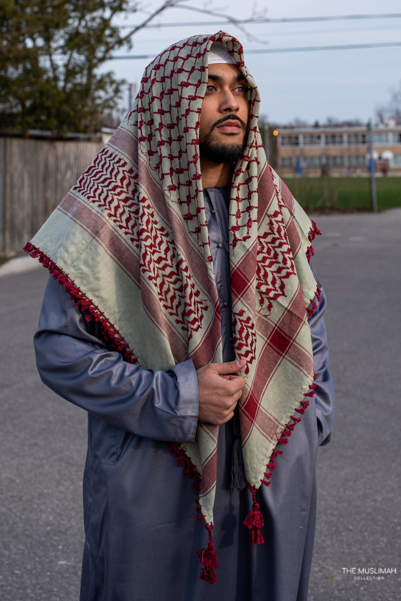 Light Green and Maroon Imamah/Shemagh/Keffiyyah Arab Men's Scarf