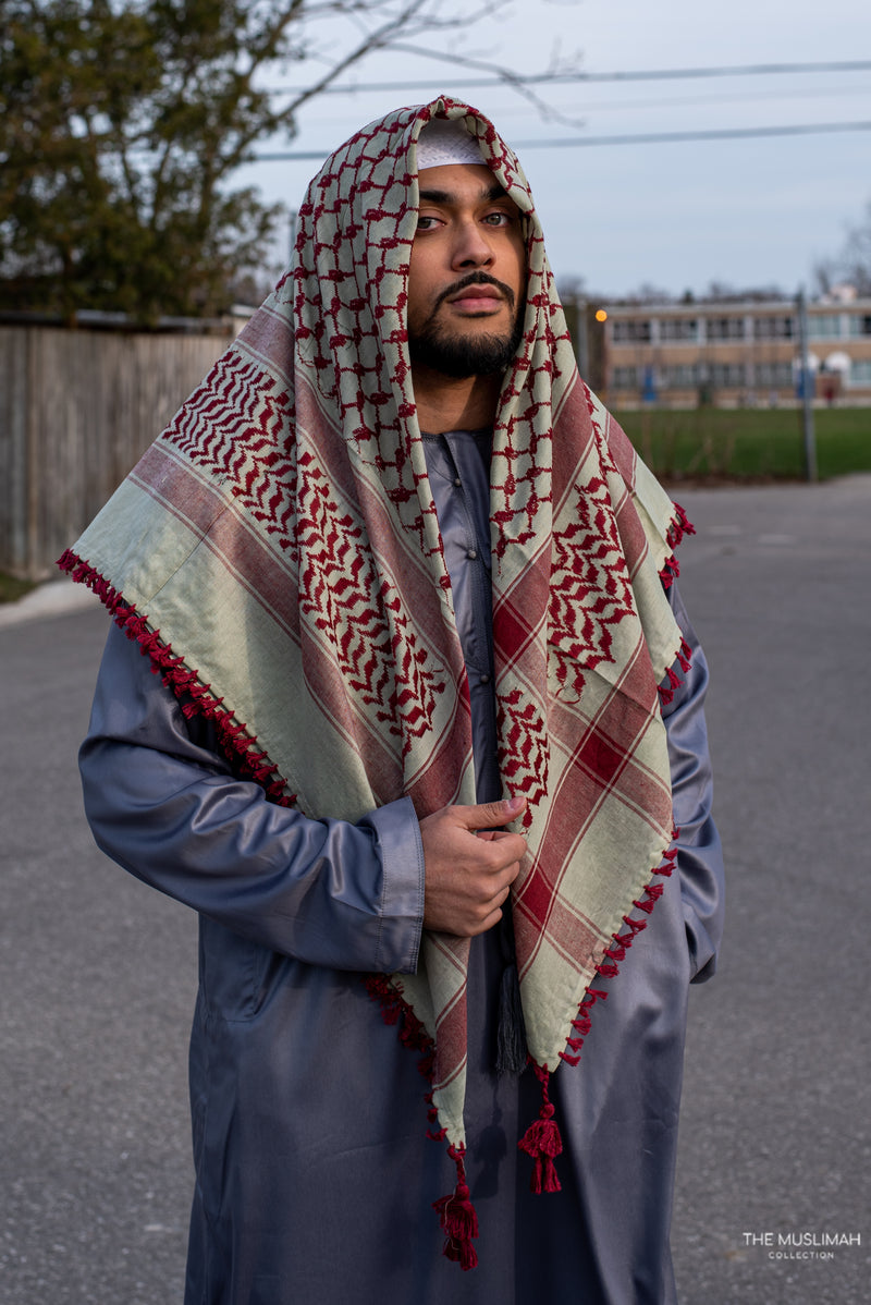 Light Green and Maroon Imamah/Shemagh/Keffiyyah Arab Men's Scarf