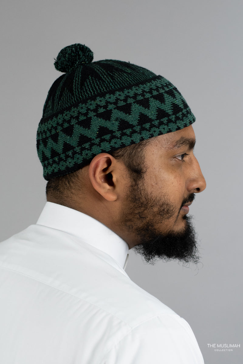 Evergreen and Black Hadith Disciple Zig Zag Kufi/Skull Cap