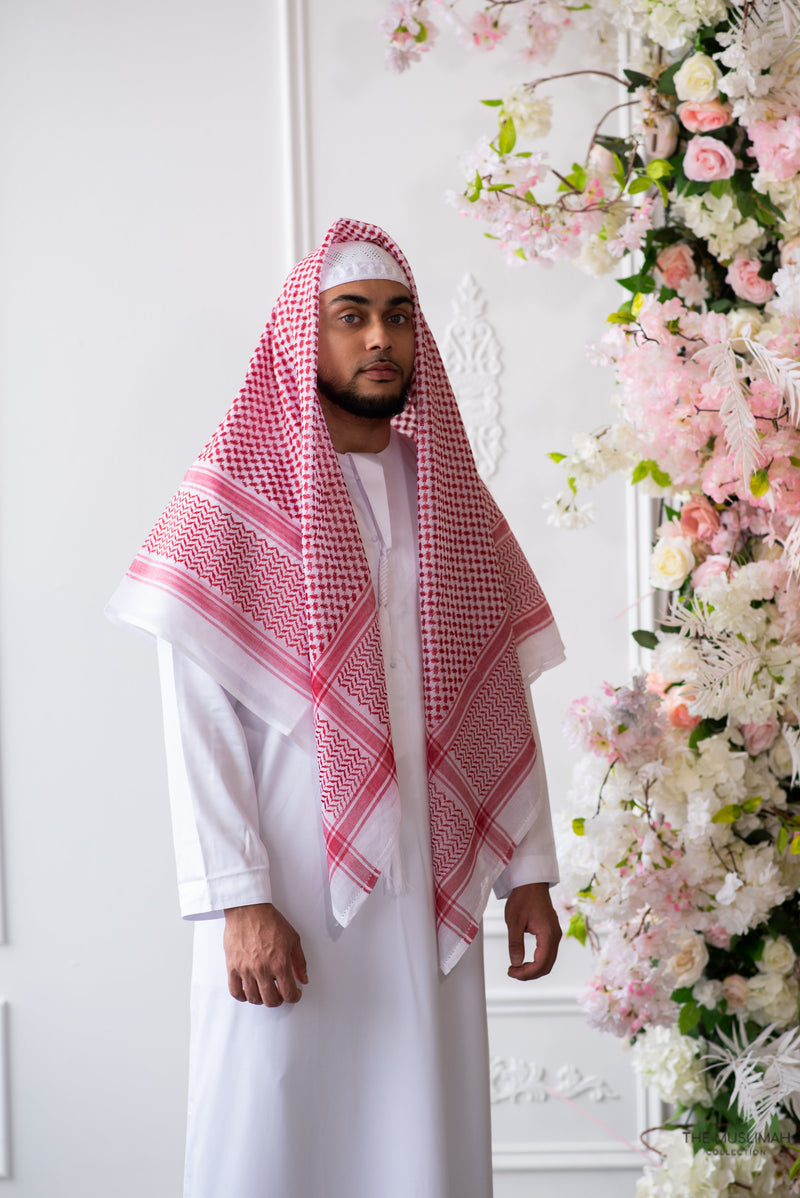 Classic Red and White Imamah/Shemagh/Keffiyyah Arab Men's Scarf