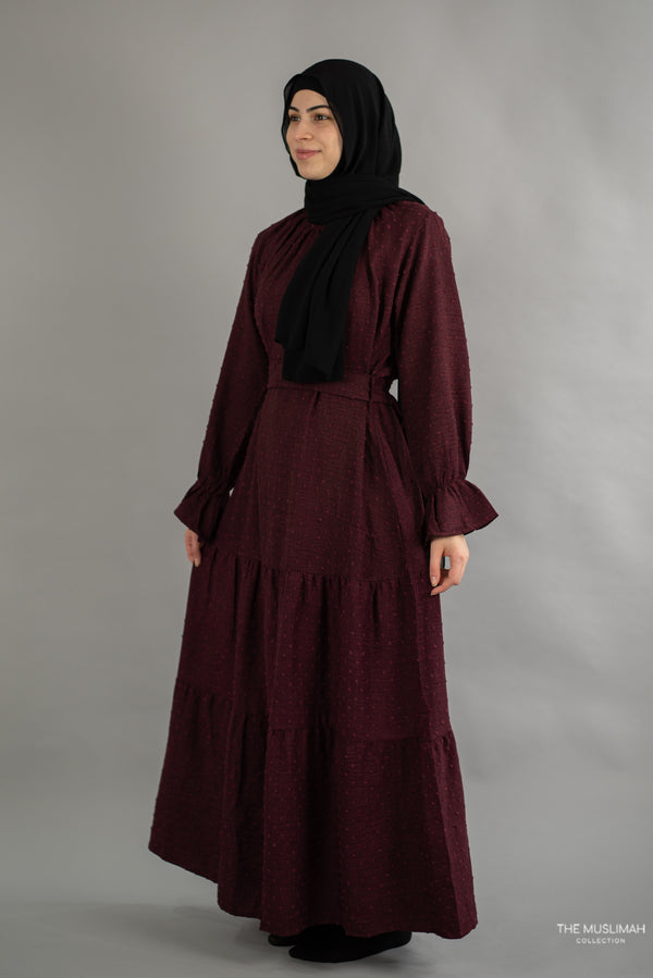 Flounce Sleeve Flowy Long Maxi Tiered Dress - Maroon Garnet