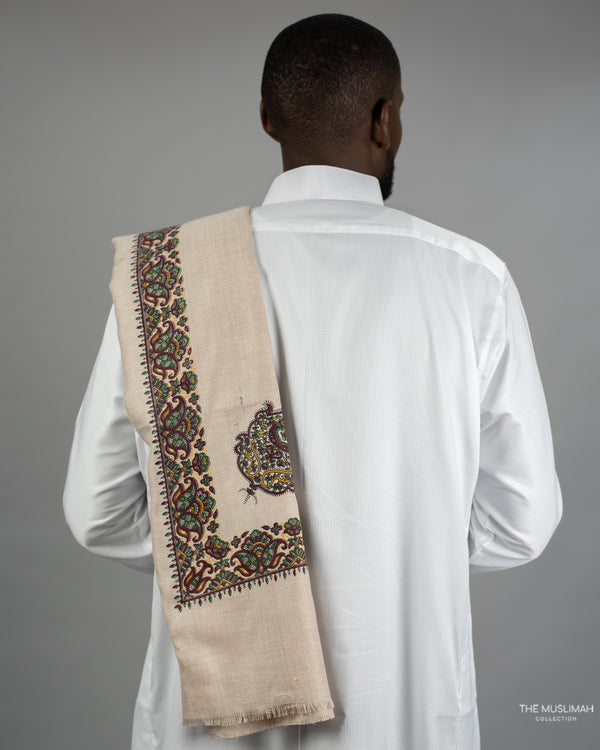 Oat with Oriental Design - Kashmiri Men’s Scarf/ Shawl/ Imamah/ Keffiyah - (Oriental design may vary)