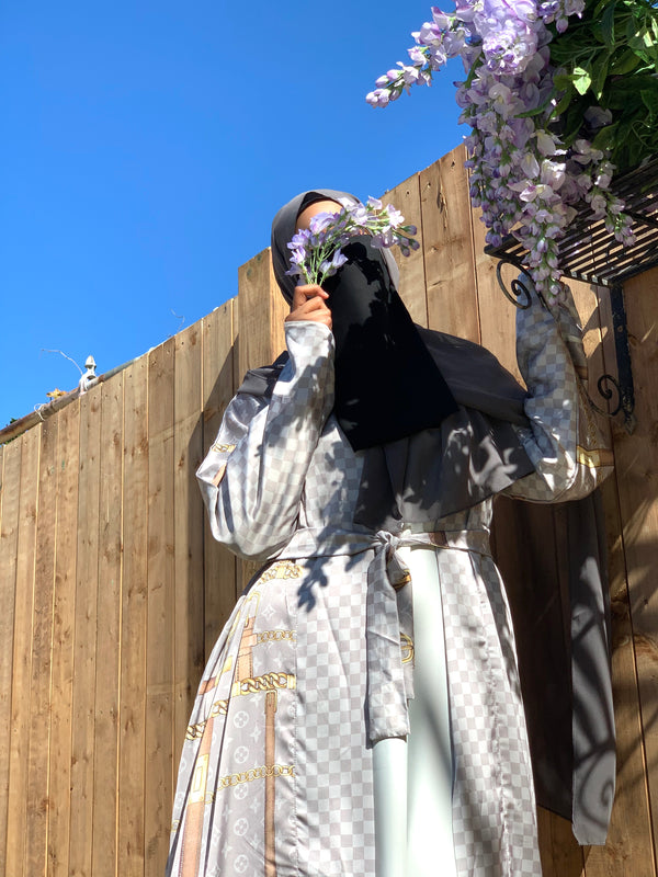 Clearance Sale LV *Black* and Golden Belt Satin Silky Kimono Abaya