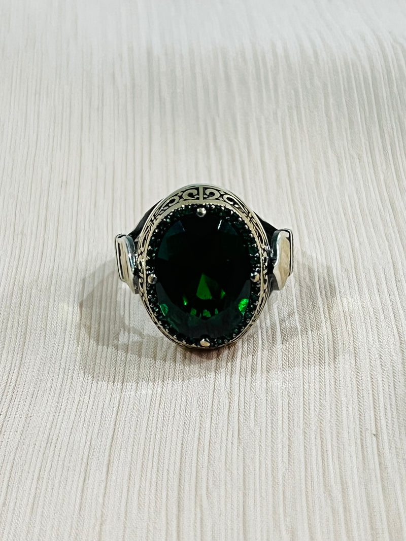 Green Tsavorite Sterling Silver Mens Islamic Ottoman Ring