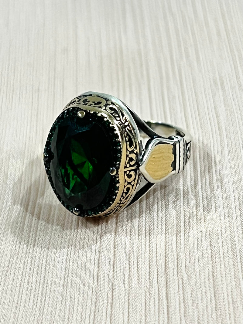 Green Tsavorite Sterling Silver Mens Islamic Ottoman Ring